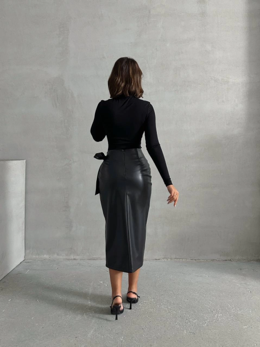 Kuşaklı uzun deri etek siyah h26414