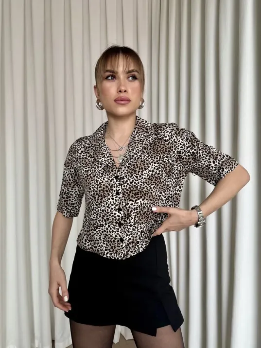 Leopar Desenli Crop Gömlek