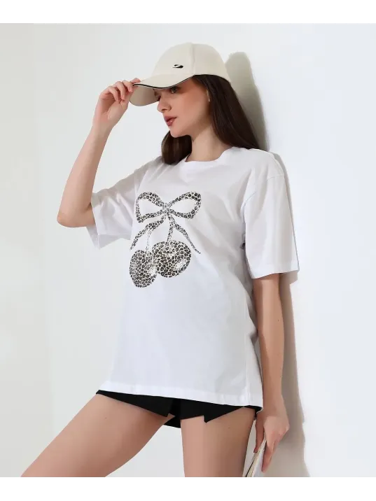Leopar Desenli Kiraz Baskılı Tişört
