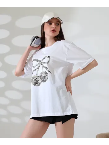 Leopar Desenli Kiraz Baskılı Tişört