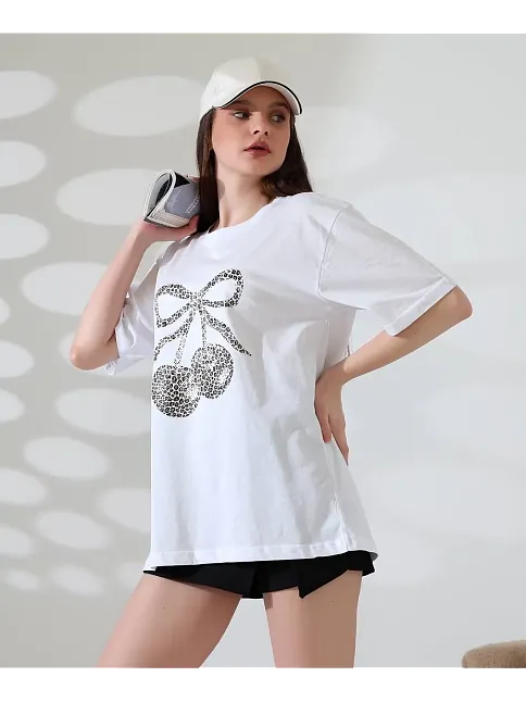 Leopar Desenli Kiraz Baskılı Tişört