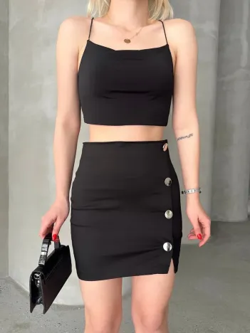 Likralı Gabardin Dört Düğmeli Etek