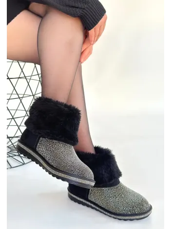 Linka Siyah Süet Gümüş Boncuk İşlemeli Bot