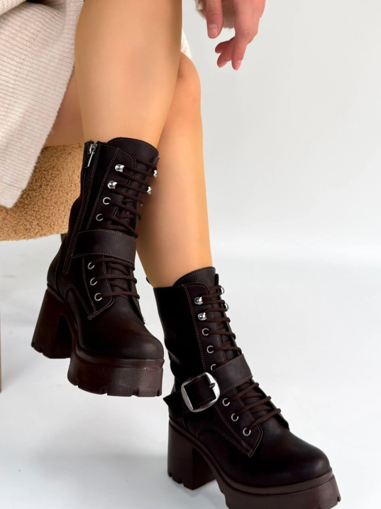 Linma Acı Kahve Cilt Bağcıklı Topuklu Bot