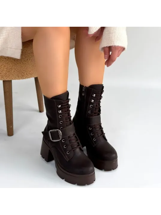 Linma Acı Kahve Cilt Bağcıklı Topuklu Bot