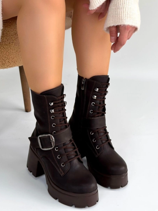 Linma Acı Kahve Cilt Bağcıklı Topuklu Bot