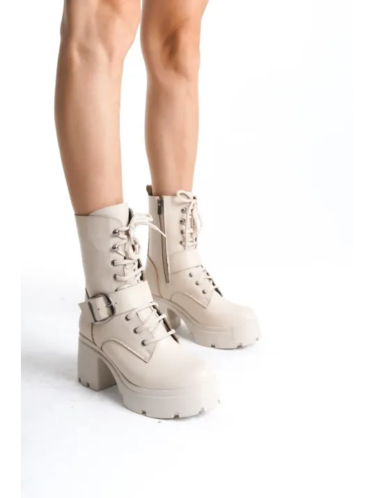 Linma Bej Cilt Bağcıklı Topuklu Bot Linma Bej Cilt Bağcıklı Topuklu Bot