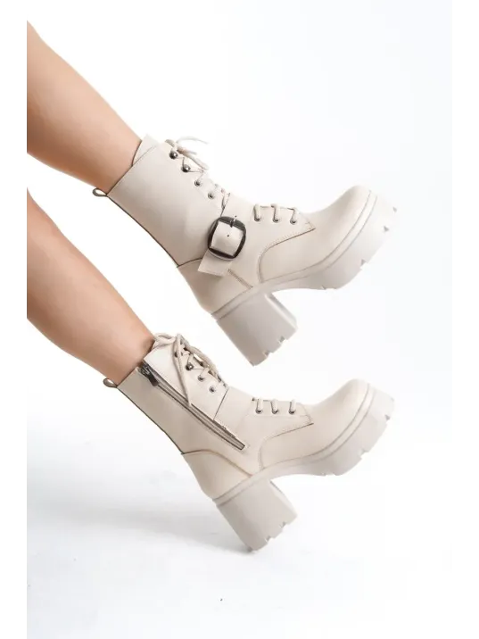 Linma Bej Cilt Bağcıklı Topuklu Bot