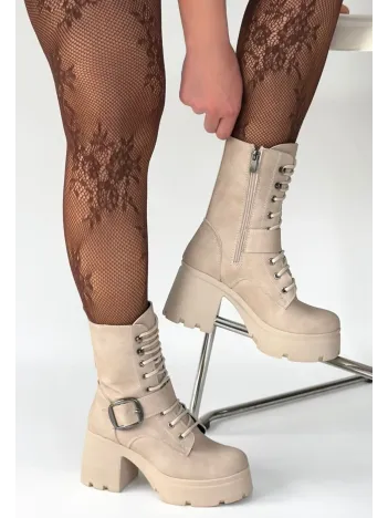 Linma Bej Nubuk Bağcıklı Topuklu Bot