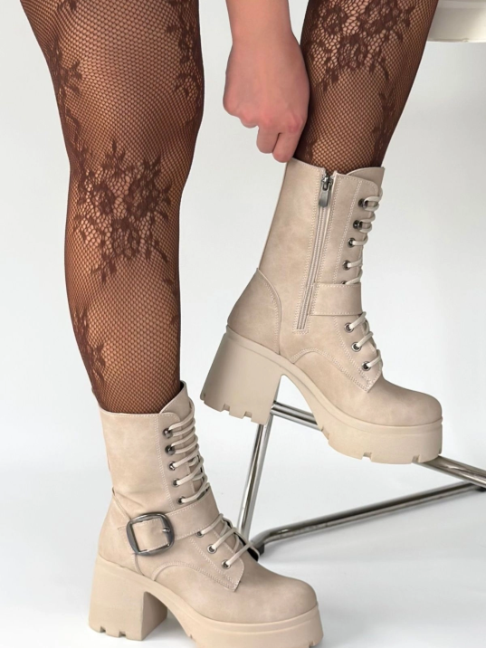 Linma Bej Nubuk Bağcıklı Topuklu Bot