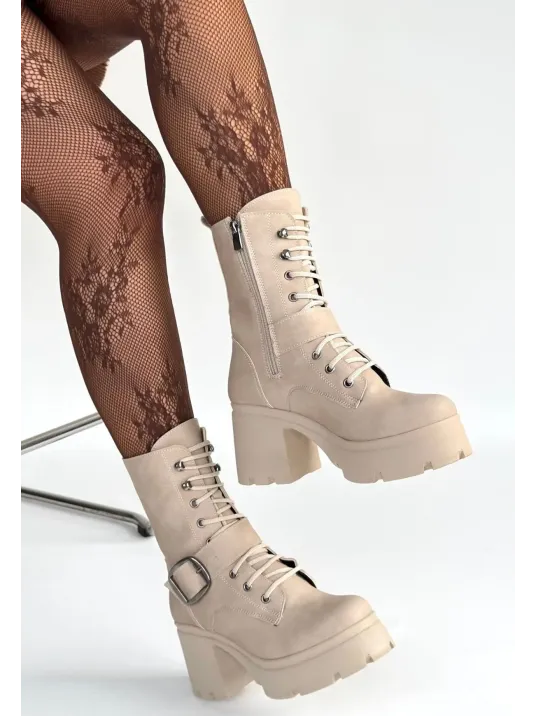 Linma Bej Nubuk Bağcıklı Topuklu Bot