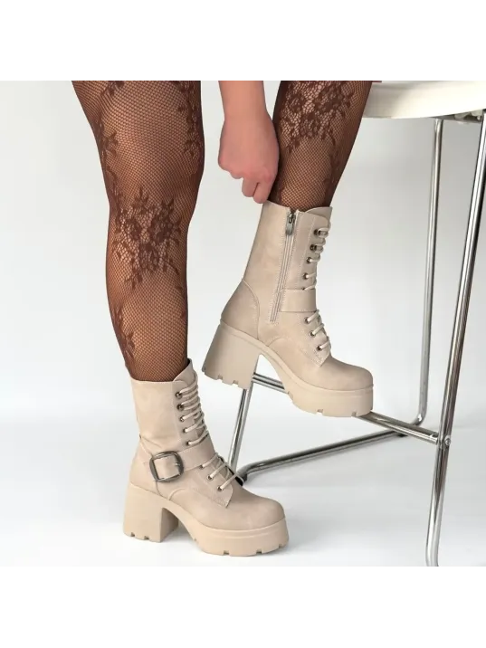 Linma Bej Nubuk Bağcıklı Topuklu Bot