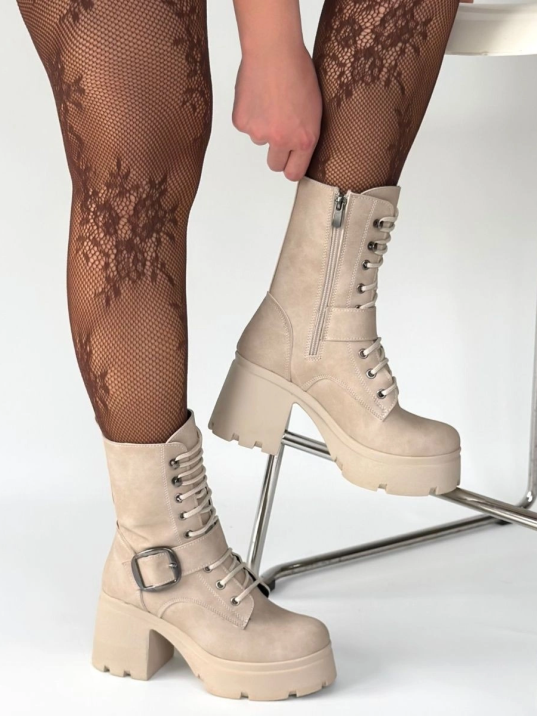 Linma Bej Nubuk Bağcıklı Topuklu Bot