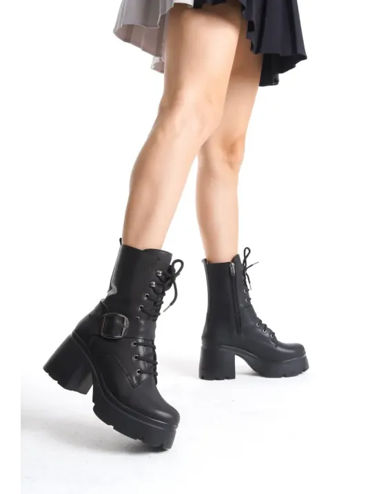 Linma Siyah Cilt Bağcıklı Topuklu Bot Linma Siyah Cilt Bağcıklı Topuklu Bot