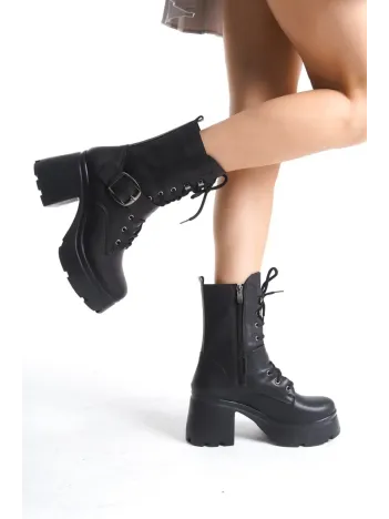 Linma Siyah Cilt Bağcıklı Topuklu Bot