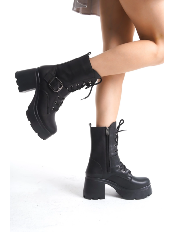 Linma Siyah Cilt Bağcıklı Topuklu Bot Linma Siyah Cilt Bağcıklı Topuklu Bot
