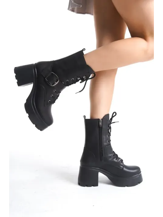 Linma Siyah Cilt Bağcıklı Topuklu Bot