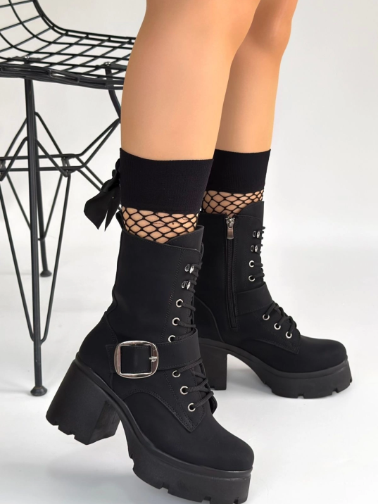 Linma Siyah Nubuk Bağcıklı Topuklu Bot