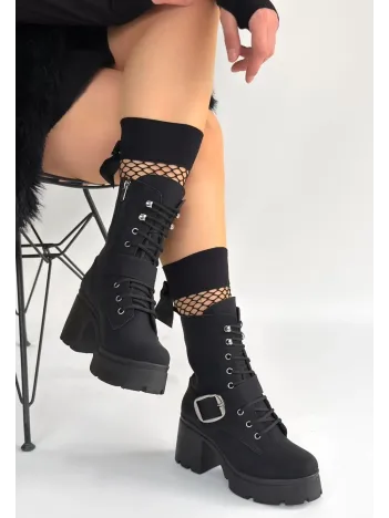 Linma Siyah Nubuk Bağcıklı Topuklu Bot