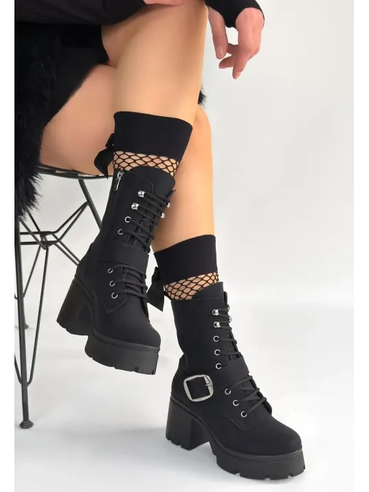 Linma Siyah Nubuk Bağcıklı Topuklu Bot