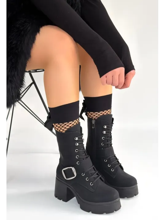 Linma Siyah Nubuk Bağcıklı Topuklu Bot