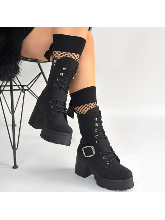 Linma Siyah Nubuk Bağcıklı Topuklu Bot