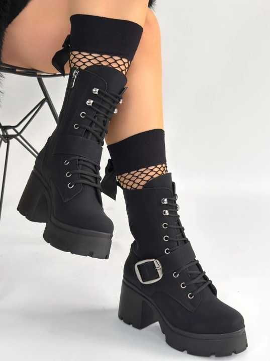 Linma Siyah Nubuk Bağcıklı Topuklu Bot