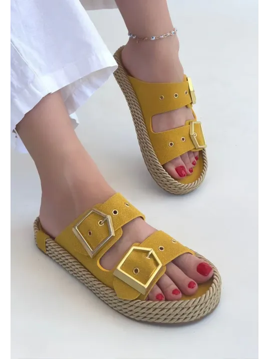 Loera Sarı Nubuk Çift Tokalı Terlik