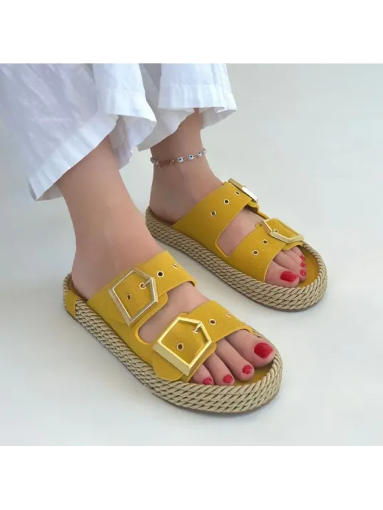 Loera Sarı Nubuk Çift Tokalı Terlik