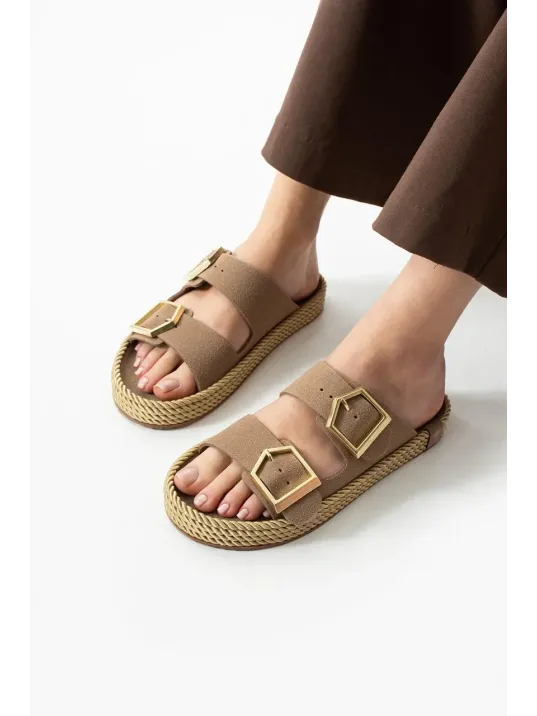 Loera Vizon Nubuk Çift Tokalı Terlik