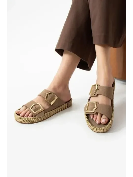 Loera Vizon Nubuk Çift Tokalı Terlik