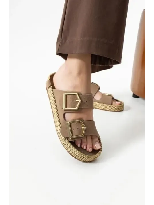 Loera Vizon Nubuk Çift Tokalı Terlik