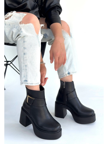 Lonji Siyah Cilt Topuklu Bot Lonji Siyah Cilt Topuklu Bot