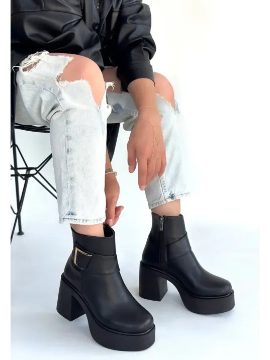 Lonji Siyah Cilt Topuklu Bot Lonji Siyah Cilt Topuklu Bot