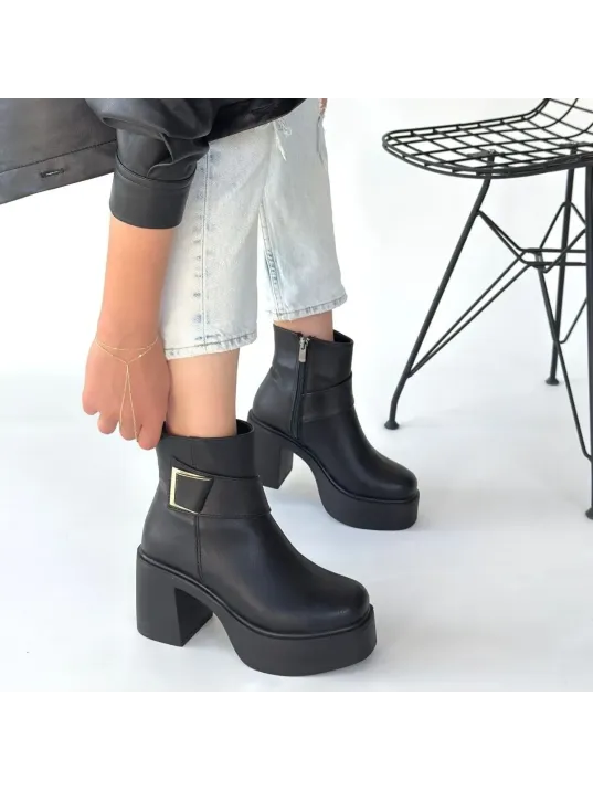 Lonji Siyah Cilt Topuklu Bot Lonji Siyah Cilt Topuklu Bot