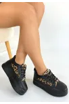 Lorrin Siyah Cilt Leopar Detaylı Bağcıklı Spor Ayakkabı Lorrin Siyah Cilt Leopar Detaylı Bağcıklı Spor Ayakkabı