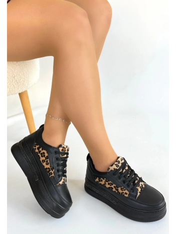 Lorrin Siyah Cilt Leopar Detaylı Bağcıklı Spor Ayakkabı Lorrin Siyah Cilt Leopar Detaylı Bağcıklı Spor Ayakkabı