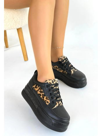 Lorrin Siyah Cilt Leopar Detaylı Bağcıklı Spor Ayakkabı Lorrin Siyah Cilt Leopar Detaylı Bağcıklı Spor Ayakkabı