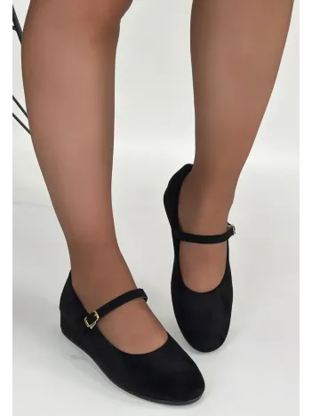 Lossa Siyah Süet Kemerli Babet Ayakkabı Lossa Siyah Süet Kemerli Babet Ayakkabı