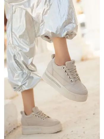 Lulu Bej Cilt Bağcıklı Spor Ayakkabı