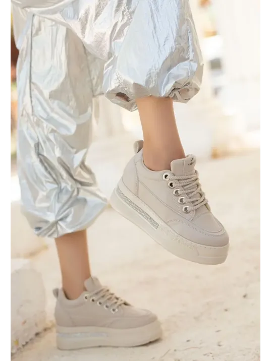 Lulu Bej Cilt Bağcıklı Spor Ayakkabı