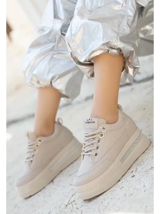 Lulu Bej Cilt Bağcıklı Spor Ayakkabı