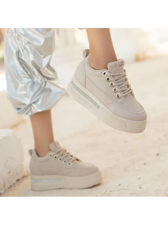 Lulu Bej Cilt Bağcıklı Spor Ayakkabı