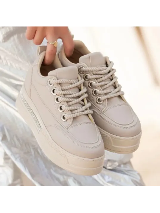 Lulu Bej Cilt Bağcıklı Spor Ayakkabı