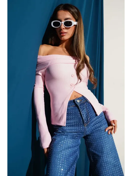 Madonna Yaka Düğmeli Bluz Pembe T4329