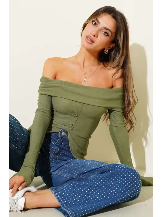 Madonna Yaka Düğmeli Bluz Yeşil T4329