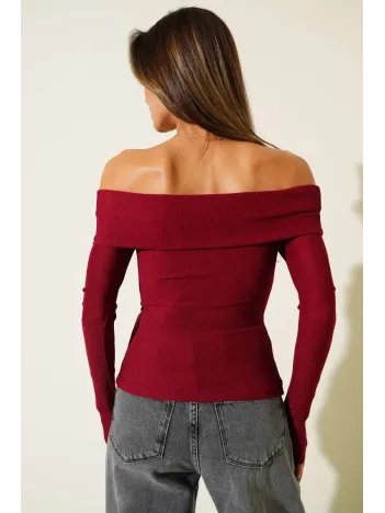 Madonna Yaka Düğmeli Bluz Bordo T4329