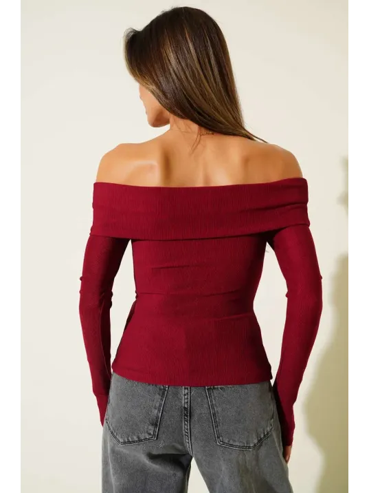 Madonna Yaka Düğmeli Bluz Bordo T4329