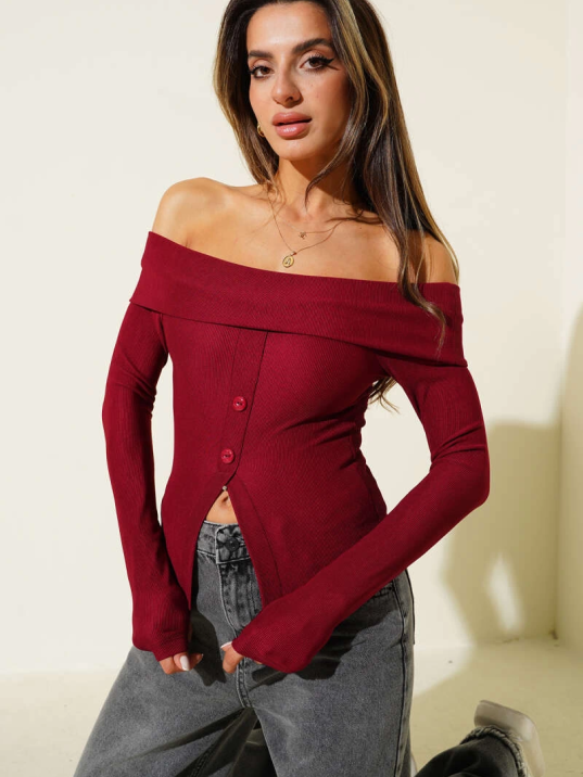 Madonna Yaka Düğmeli Bluz bordo t4329 Madonna Yaka Düğmeli Bluz bordo t4329