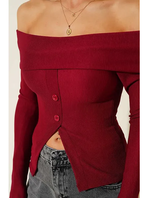 Madonna Yaka Düğmeli Bluz Bordo T4329